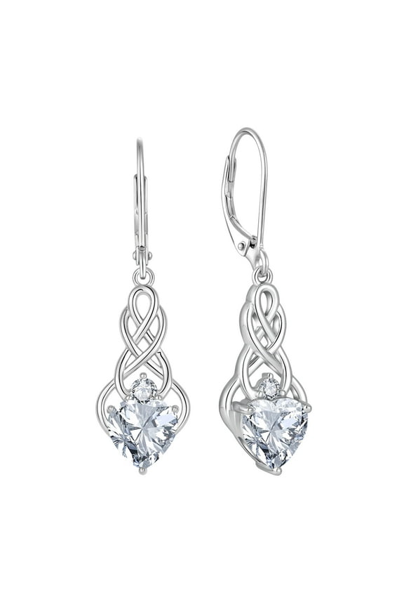 Infinity Celtic Knot Dangle Drop Earrings Irish Leverback Cubic Zirconia Earrings 925 Sterling Silver Heart April Birthstone Earrings Good Luck Jewelry Gifts for Women