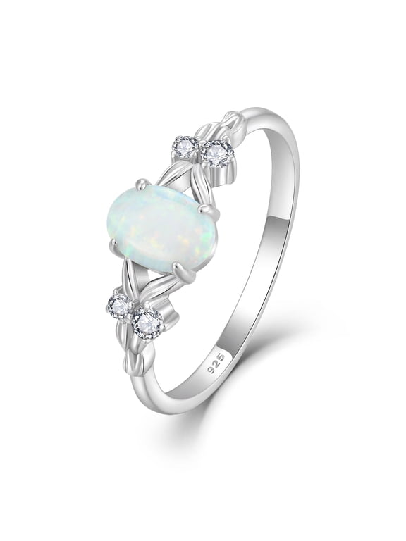 Opal Engagement Ring for Her 925 Sterling Silver Leaf Oval Opal Ring Wedding Anniversary Promise Ring for Women Size 9