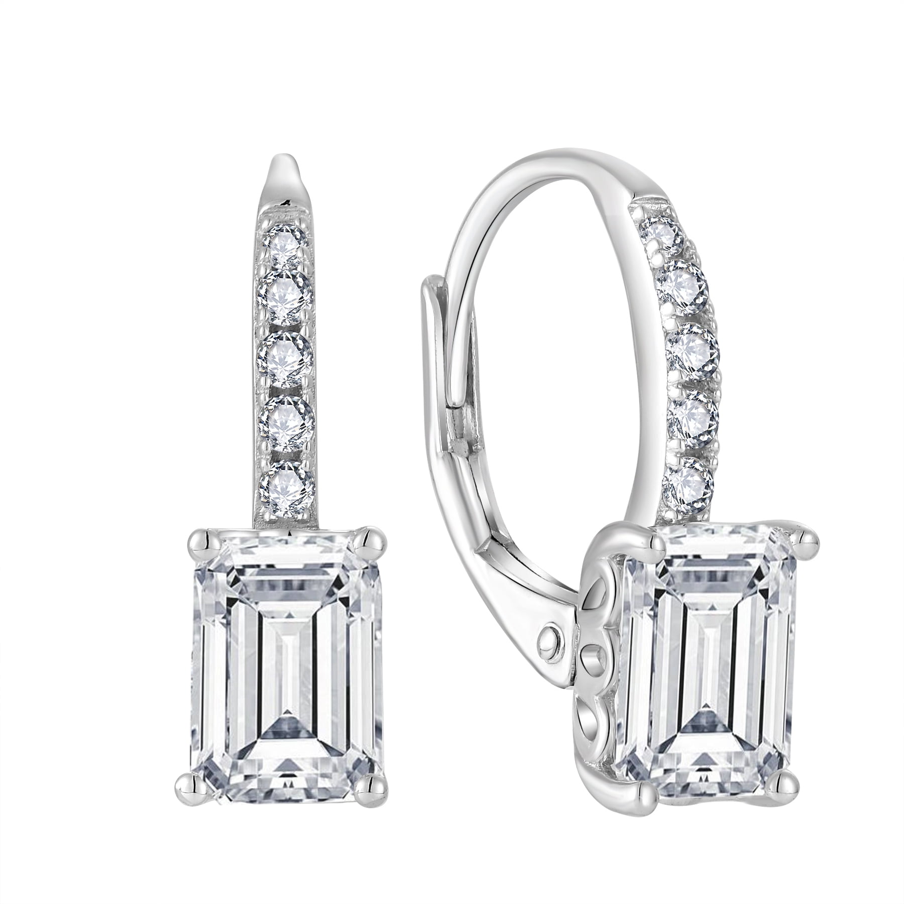 FJ Princess Cut Dangle Drop Earrings 925 Sterling Silver Square Leverback Earrings April Birthstone Cubic Zirconia Jewelry Gifts for Women