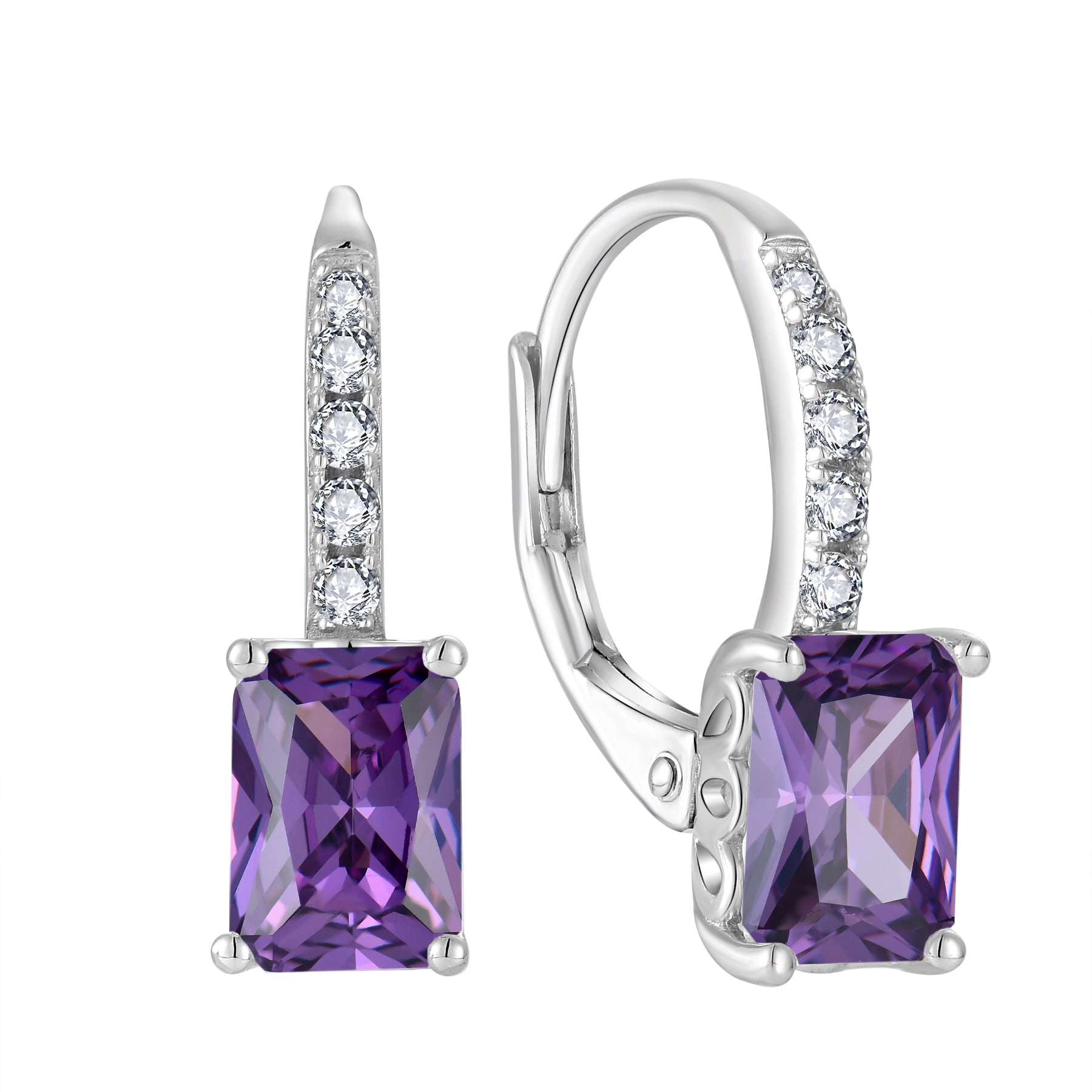 FJ Princess Cut Dangle Drop Earrings 925 Sterling Silver Square Leverback Earrings February Birthstone Amethyst Jewelry Gifts for Women