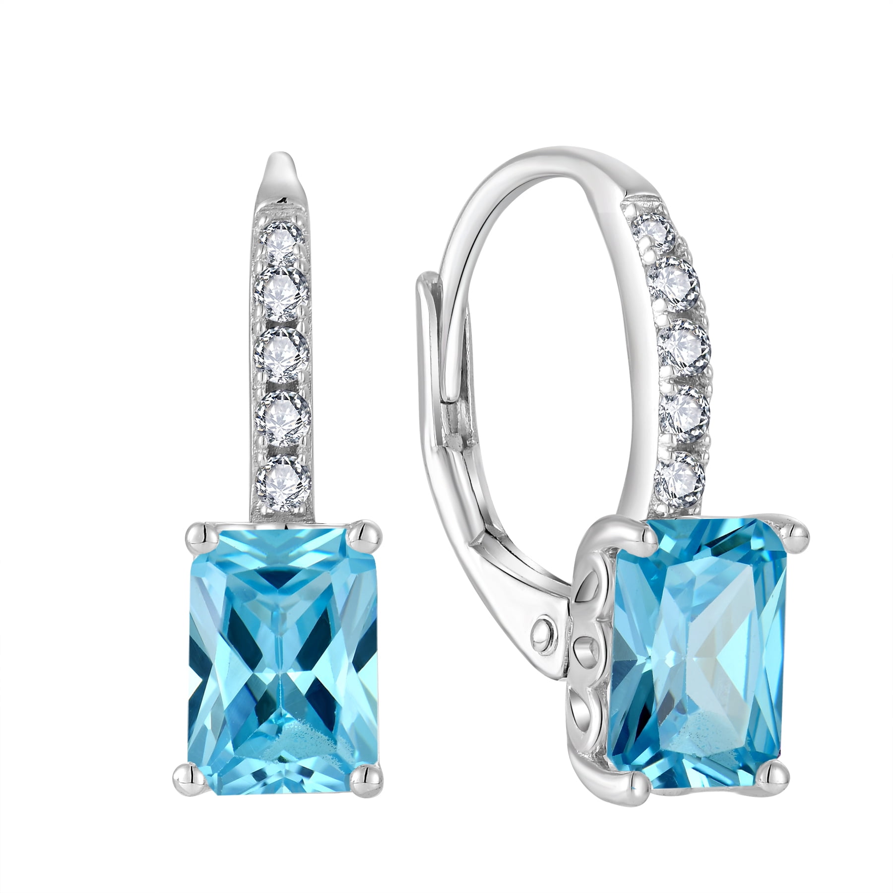 FJ Princess Cut Dangle Drop Earrings 925 Sterling Silver Square Leverback Earrings March Birthstone Aquamarine Jewelry Gifts for Women
