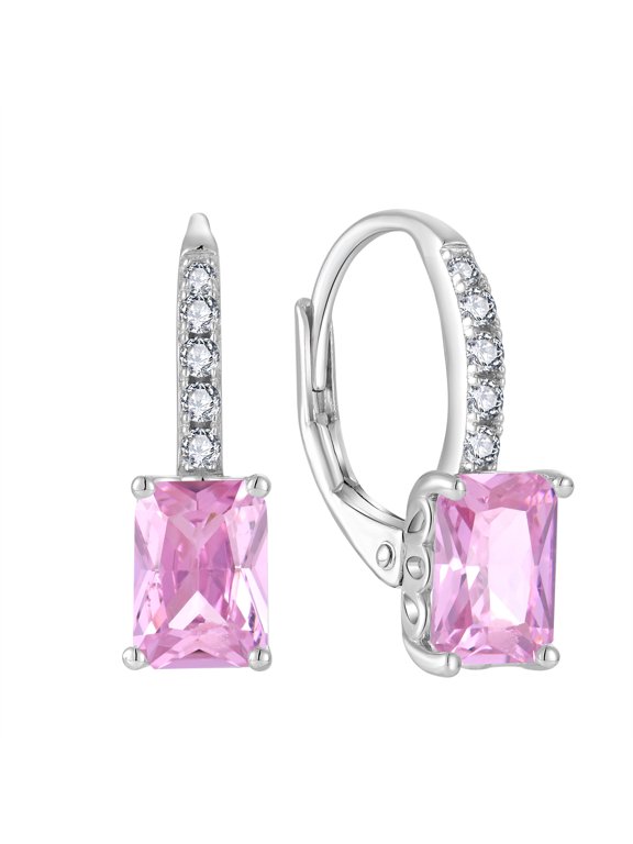 Princess Cut Dangle Drop Earrings 925 Sterling Silver Square Leverback Earrings October Birthstone Pink Tourmaline Jewelry Gifts for Women
