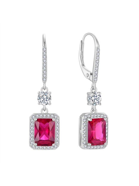 Princess Cut Dangle Drop Earrings 925 Sterling Silver Leverback Square Ruby Halo Earrings July Birthstone Jewelry Gifts for Women