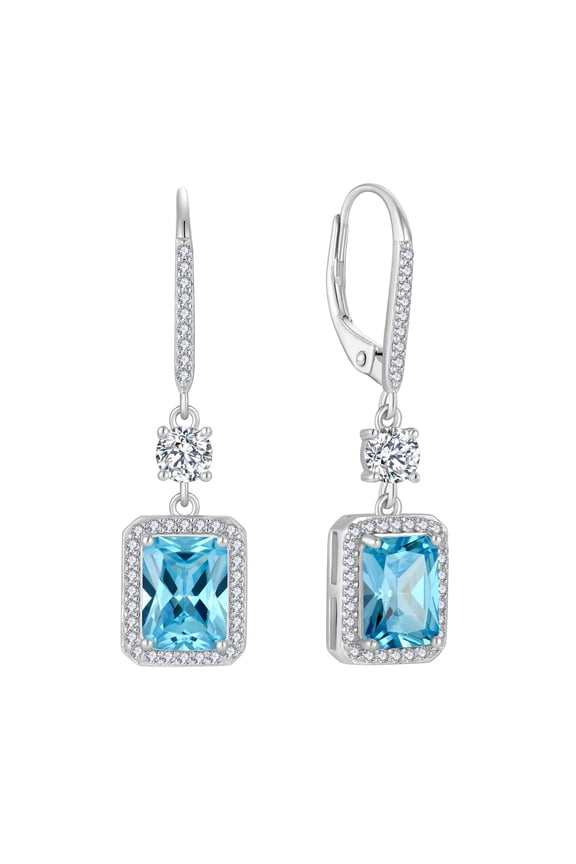 Princess Cut Dangle Drop Earrings 925 Sterling Silver Leverback Square Aquamarine Halo Earrings March Birthstone Jewelry Gifts for Women