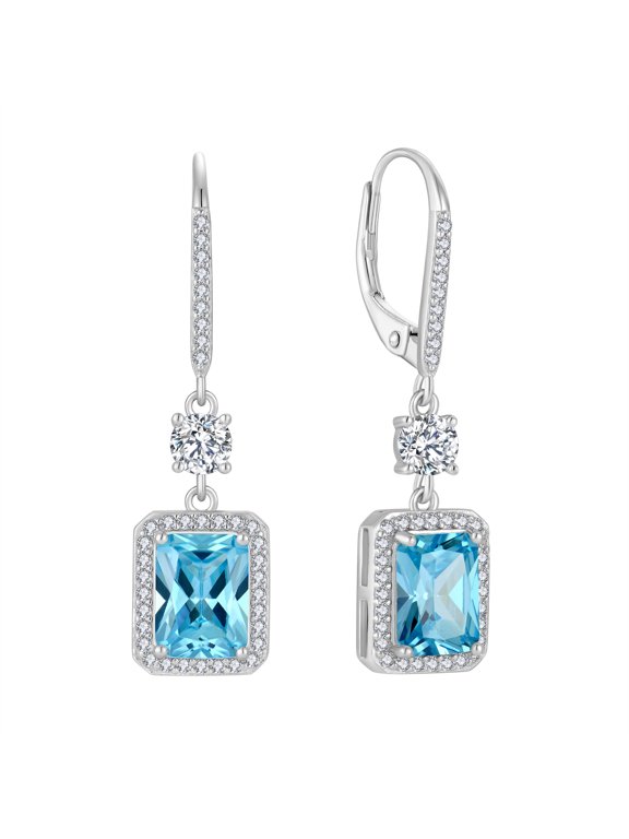 Princess Cut Dangle Drop Earrings 925 Sterling Silver Leverback Square Aquamarine Halo Earrings March Birthstone Jewelry Gifts for Women
