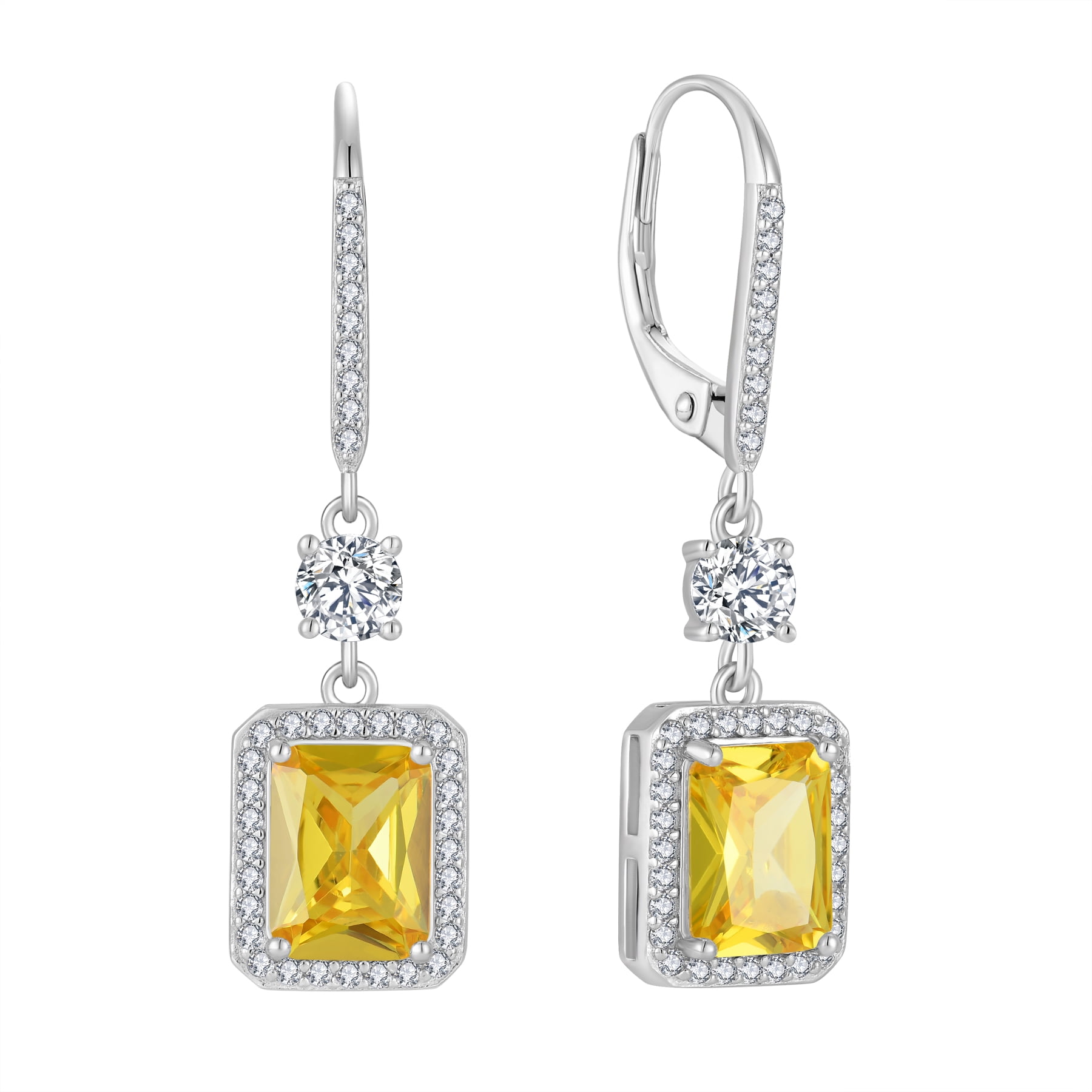 FJ Princess Cut Dangle Drop Earrings 925 Sterling Silver Leverback Square Citrine Halo Earrings November Birthstone Jewelry Gifts for Women
