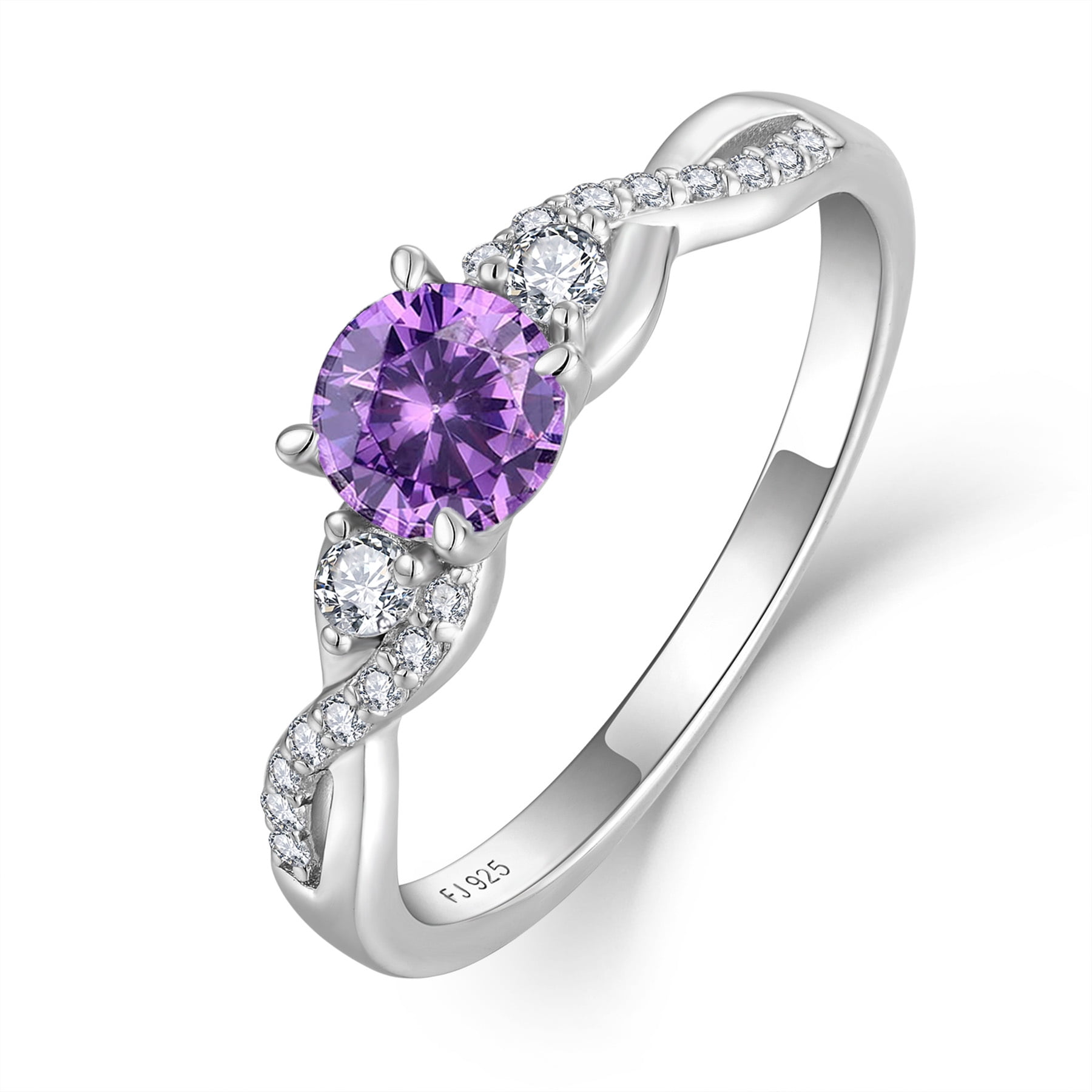 FJ Promise Rings for Her 925 Sterling Silver Engagement Ring Anniversary Wedding Eternity Ring Amethyst February Birthstone Jewelry for Women Size 8