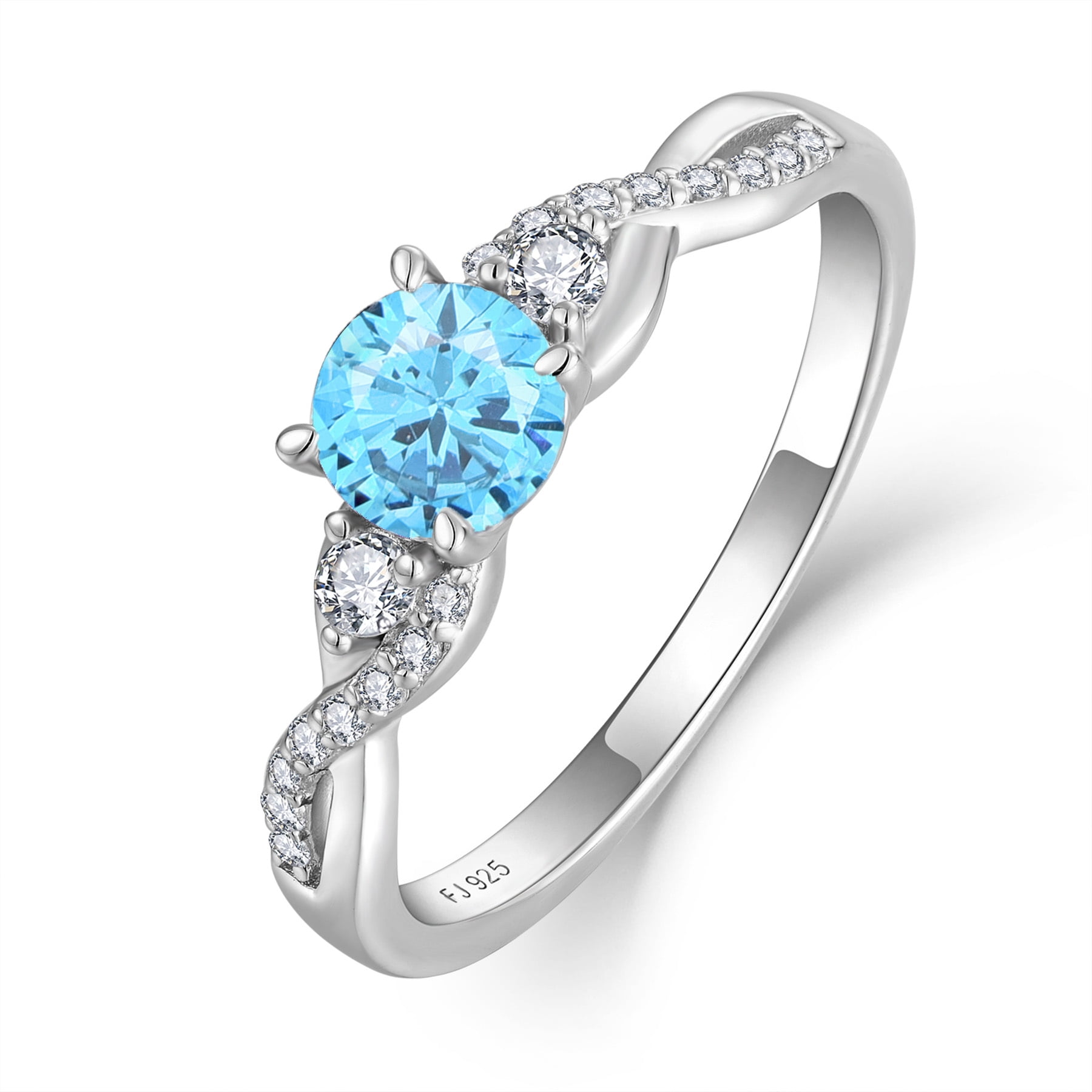 FJ Promise Rings for Her 925 Sterling Silver Engagement Ring Anniversary Wedding Eternity Ring Aquamarine March Birthstone Jewelry for Women Size 8