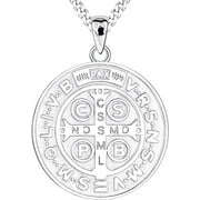 FJ Saint Benedict Necklace 925 Sterling Silver, 23 MM - St. Benedict Silver Necklace,Round Coin Antiqued Religious Protector Talisman Pendant