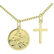 FJ St. Christopher Necklace 925 Sterling Silver, 18K Yellow Gold Saint Christopher Tiny Coin Pendant & Cross Necklace, for Women Children