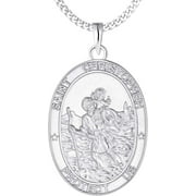 FJ St. Christopher Necklace 925 Sterling Silver, Round Coin Antiqued Religious Protector Talisman Pendant, Oval Pendant For Men