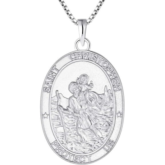 FJ St. Christopher Necklace 925 Sterling Silver, Round Coin Antiqued Religious Protector Talisman Pendant, Oval Pendant For Women