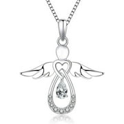 FJ Sterling Silver Angel Necklace Infinity Love Angel Heart Dangle Tear Drop AAA Birth Stone Amulet Jewelry Gift for Women(April)