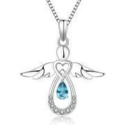 FJ Sterling Silver Angel Necklace Infinity Love Angel Heart Dangle Tear Drop AAA Birth Stone Amulet Jewelry Gift for Women(March)