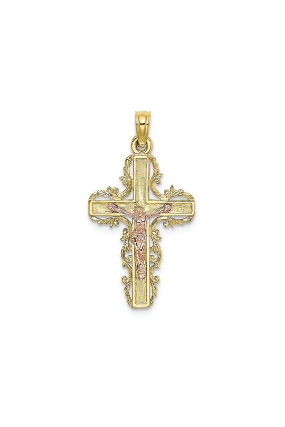 FJC Finejewelers 10k Two-tone Gold Lace Trim Crucifix with Pink Jesus Charm