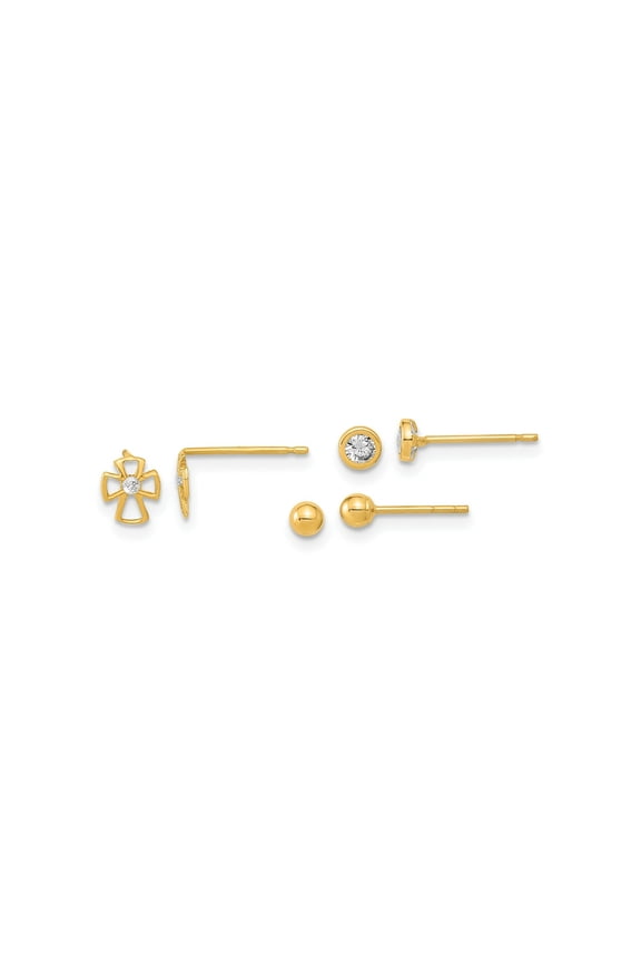 FJC Finejewelers 14 kt Yellow Gold Button Set of Ball Post Cross and CZ Bezel 3 Pair Earrings Set 5 x 5 mm