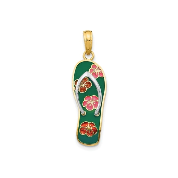 FJC Finejewelers 14 kt Yellow Gold Rhodium 3D Enameled Flowers On Green Flip Flop Charm 29 x 9 mm
