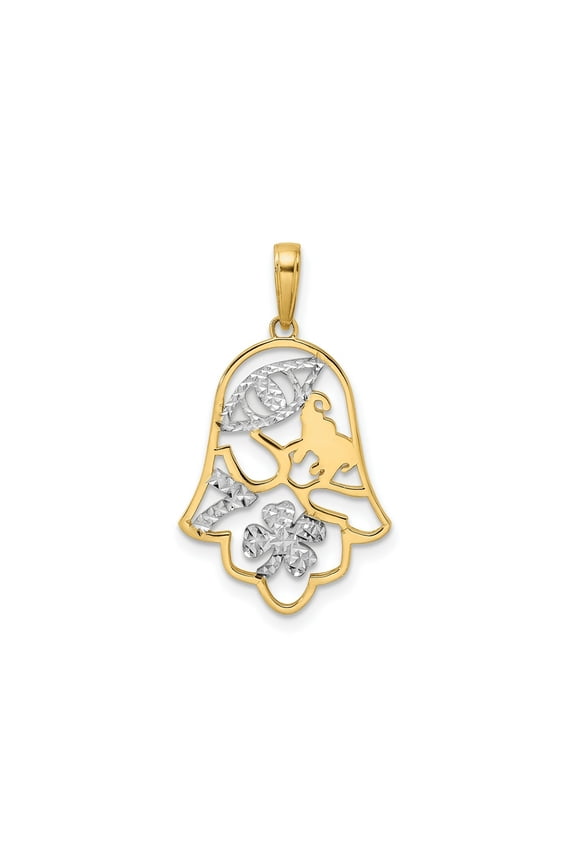 FJC Finejewelers 14 kt Yellow Gold and White Rhodium Bright Cut Good Luck Symbols on Hamsa Charm 28 x 16 mm