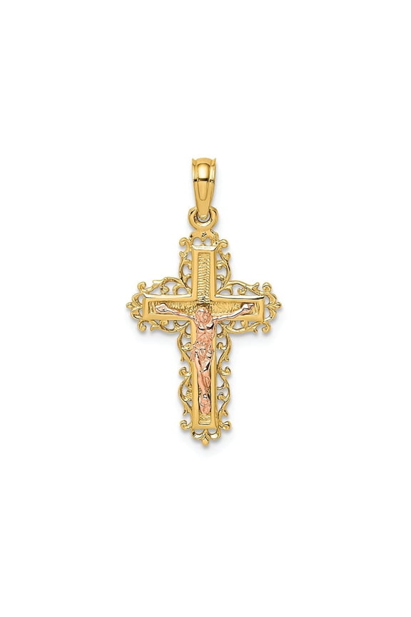 FJC Finejewelers 14k Two-tone Gold Crucifix with Lace Trim Pink Jesus Charm