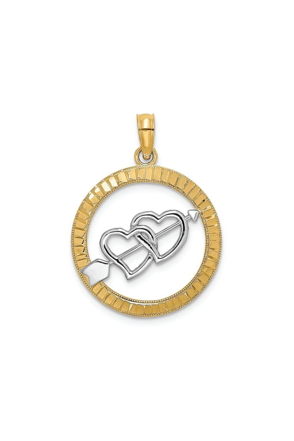 FJC Finejewelers 14k Two-tone Gold Double Hearts with Arrow Inside Bright Cut Round Frame Charm