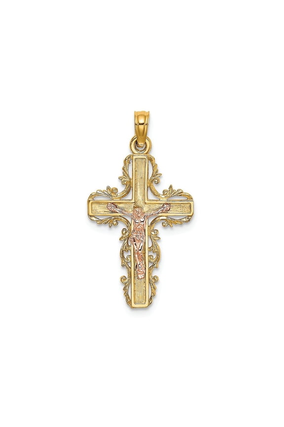 FJC Finejewelers 14k Two-tone Gold Lace Trim Crucifix with Pink Jesus Charm
