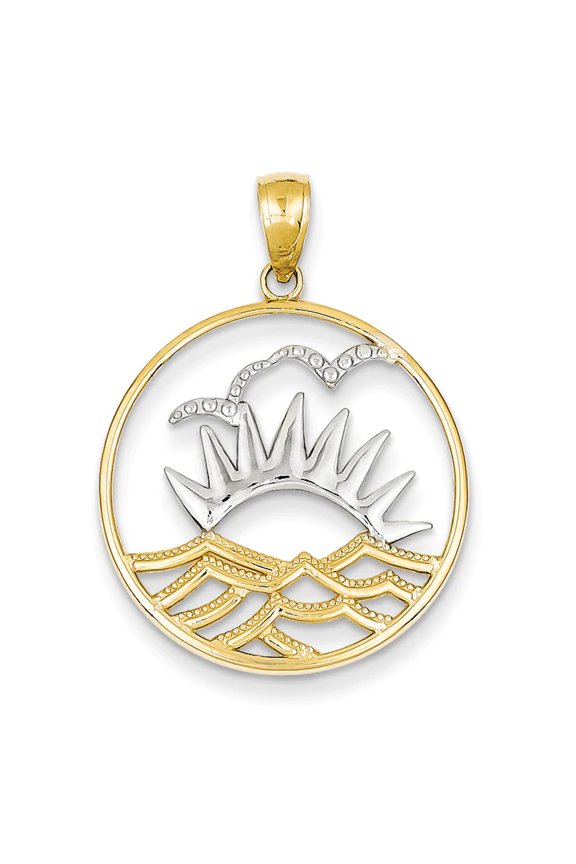 14K Yellow Gold, White Rhodium Concave Shape Sunset, Water, with seagulls In Circle Design Charm Pendant