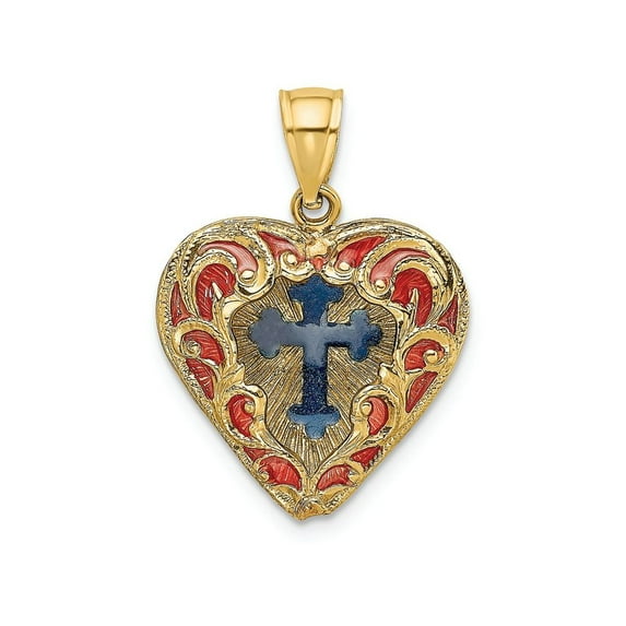 FJC Finejewelers 14k Yellow Gold 3d Blue Stained Glass Cross In Heart with Red Lace Charm