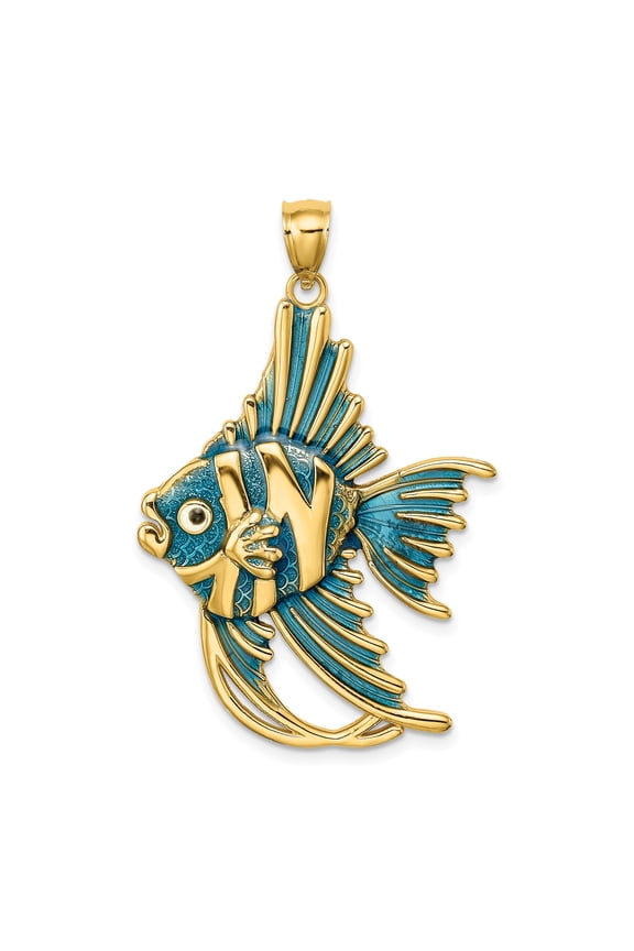 14K Yellow Gold Solid Textured Polished Blue Enamel Finish ANGELFISH Charm Pendant