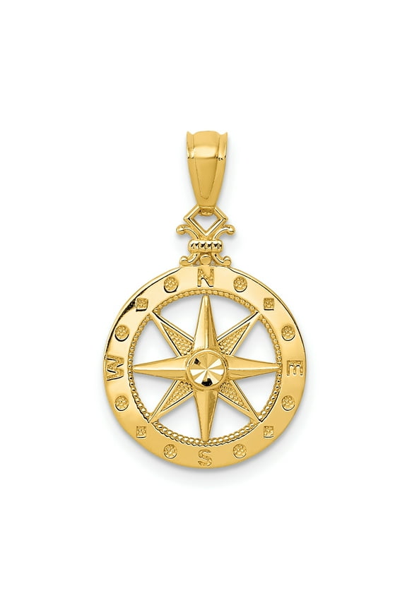 14k Yellow Gold Solid D.C Polished Finish Compass Pendant