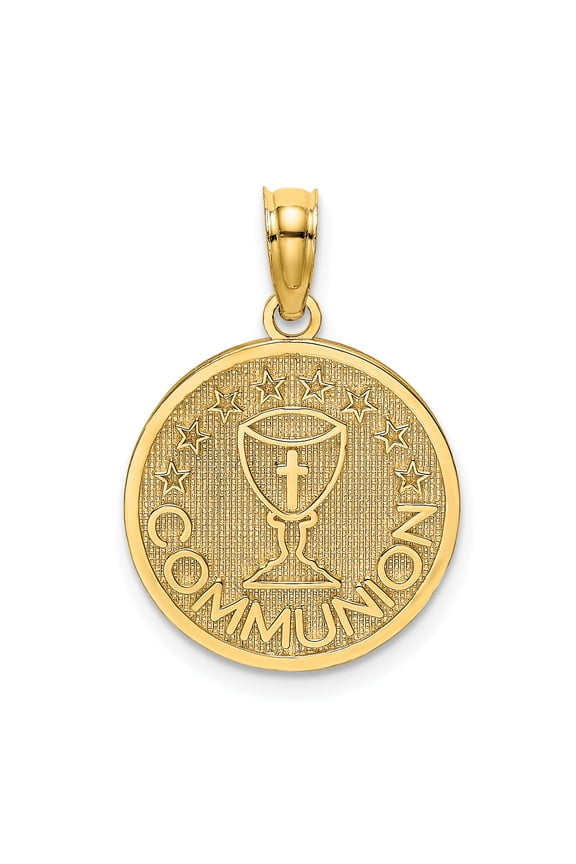 14K Yellow Gold Solid Communion Chalice Cup on Round Disc Pendant