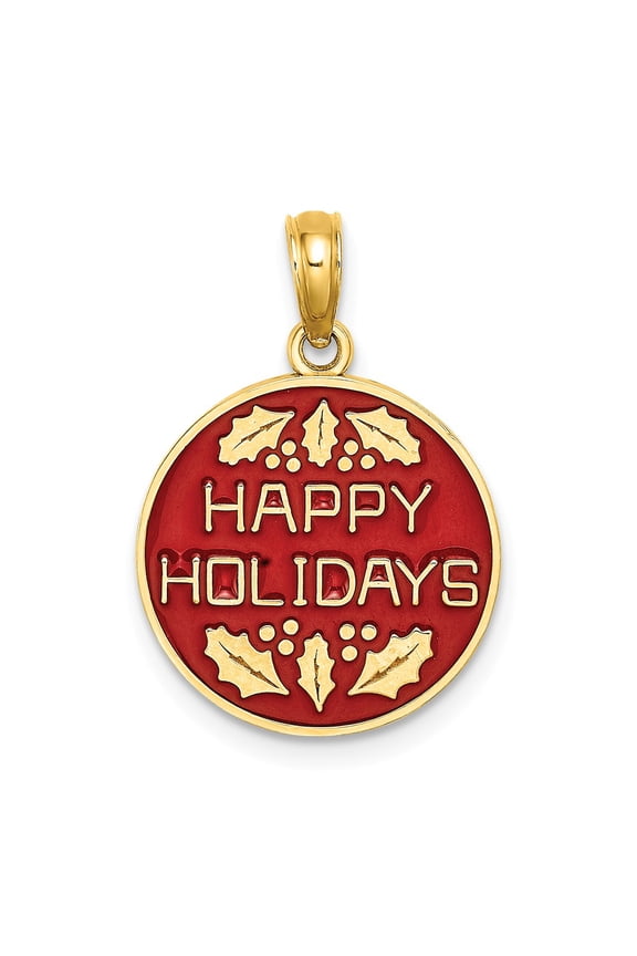14K Yellow Gold Enameled HAPPY HOLIDAYS with Holly Disc Charm Pendant