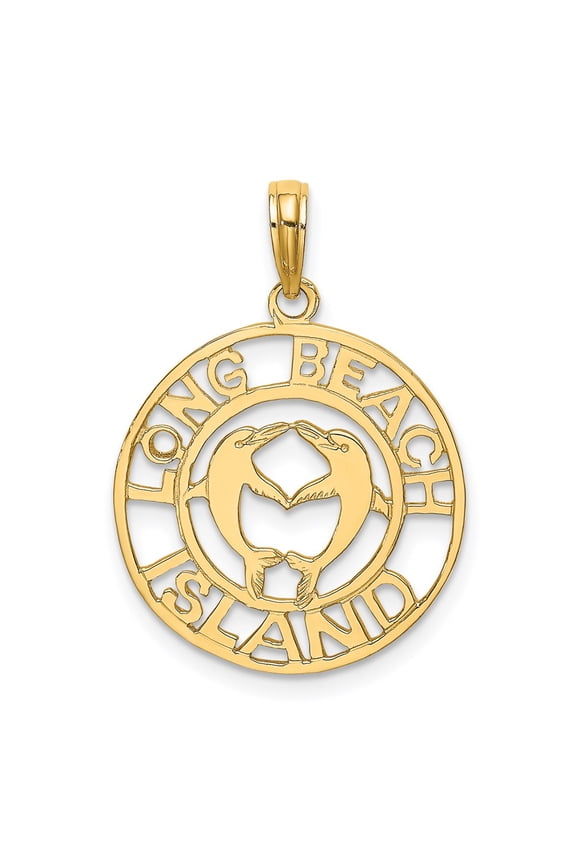 14K Yellow Gold Polished Finish LONG BEACH ISLAND with Double Dolphins Design Charm Pendant