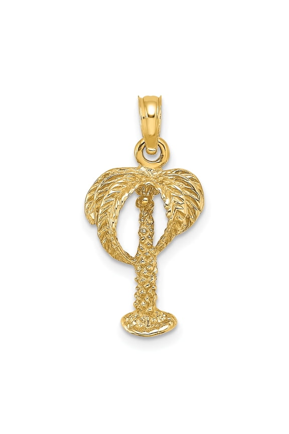 14K Yellow Gold Solid Textured Finish 2-Dimensional Concave Shape Palm Tree with Coconuts Charm Pendant