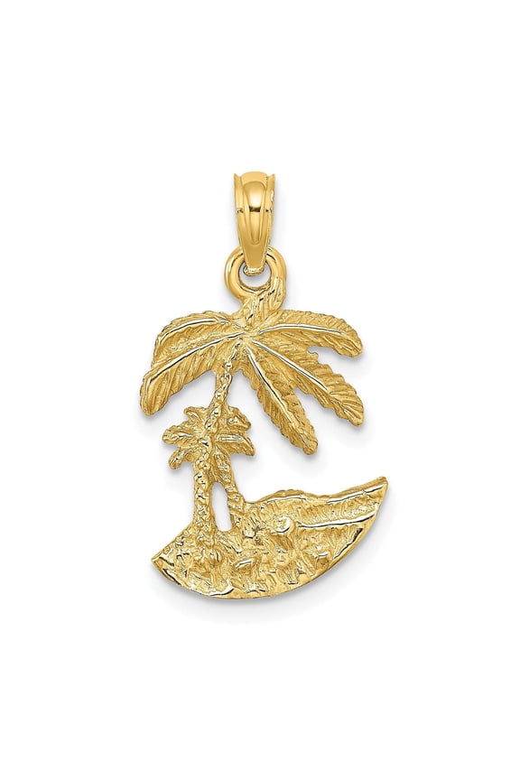 14K Yellow Gold Solid Polished Texture Finish Concave Shape 2-Dimensional Palm Trees On Island Charm Pendant