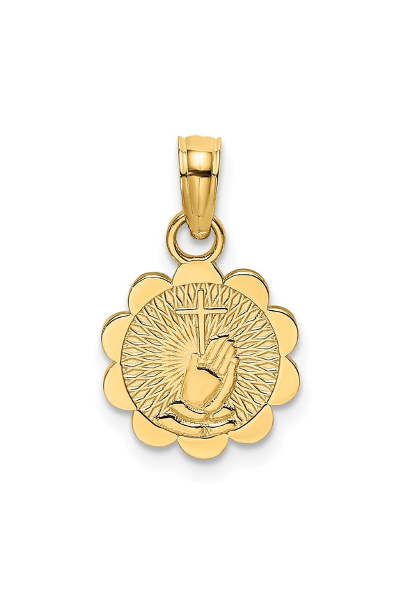 14K Yellow Gold Praying Hands holding Cross In Round Disc Pendant