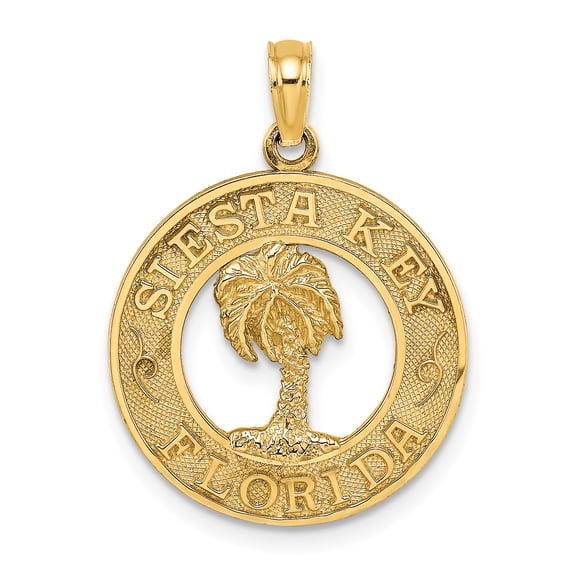 14K Yellow Gold SIESTA Key Florida Banner Palm Tree Circle Design Pendant