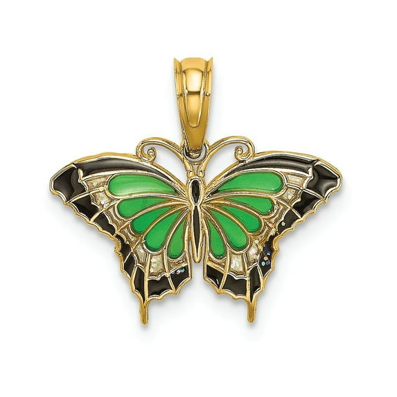 FJC Finejewelers 14k Yellow Gold Small Butterfly with Green Stained Glass Wings Black Outline Charm