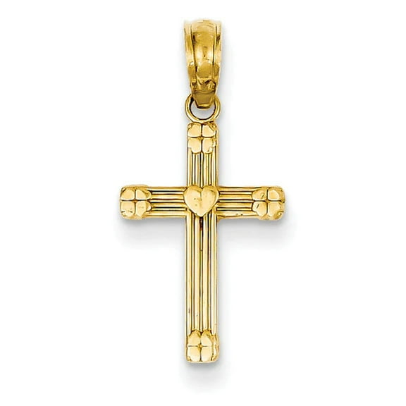 14K Yellow Gold Classic Textured Mini Heart Design Latin Cross Pendant