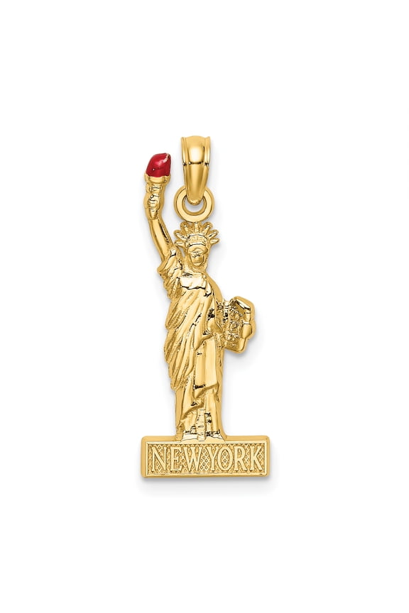 FJC Finejewelers 14k Yellow Gold Statue Of Liberty On New York Block with Red Enamel Flame Charm