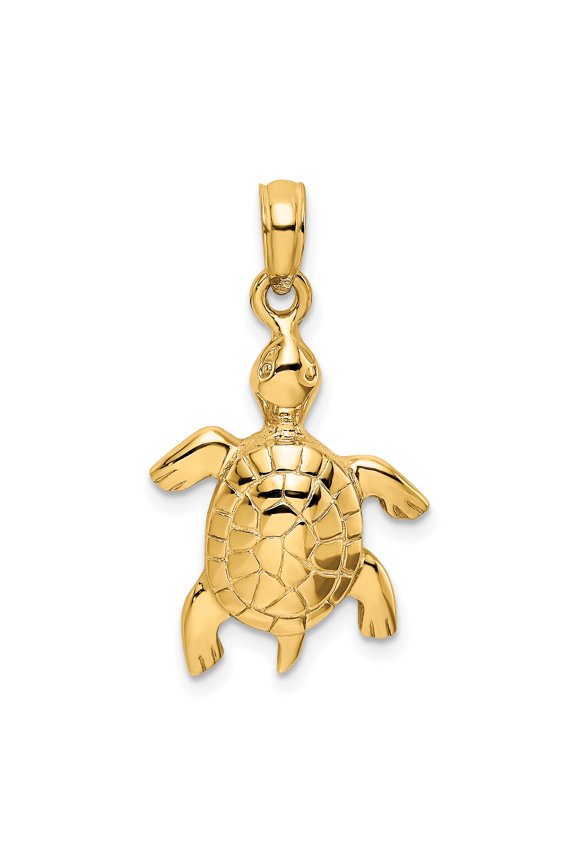 14k Yellow Gold Casted Solid Textured and Polished Finish Turtle with Textured Shell Charm Pendant