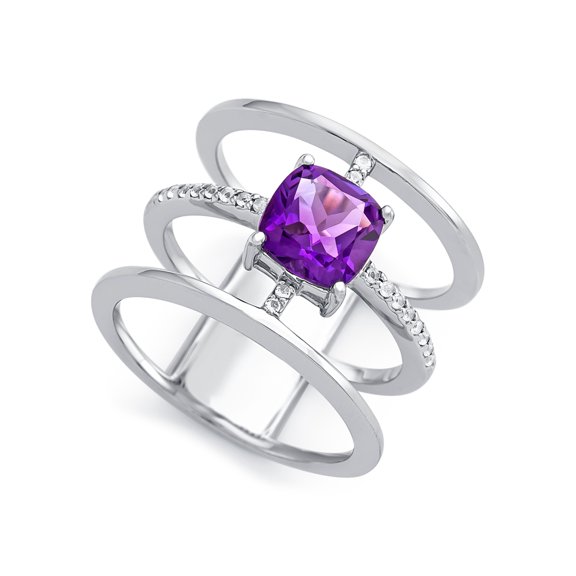 FJC Finejewelers Sterling Silver 3 Triple Band Ring with 7mm Amethyst Cushion-Cut