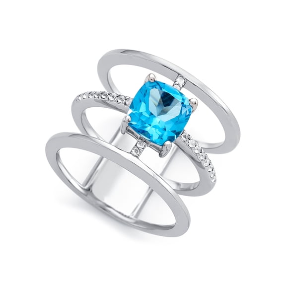 FJC Finejewelers Sterling Silver 3 Triple Band Ring with 7mm Swiss Blue Topaz Cushion-Cut