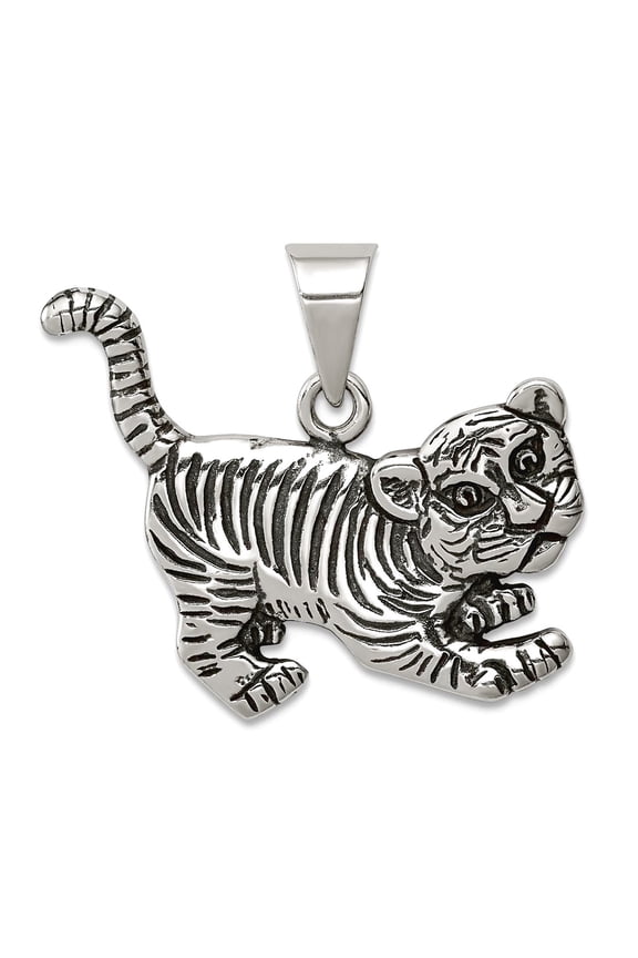 925 Sterling Silver Solid Oxidized Antiqued Tiger Charm 23x26mm Wide Pendant Necklace for Women