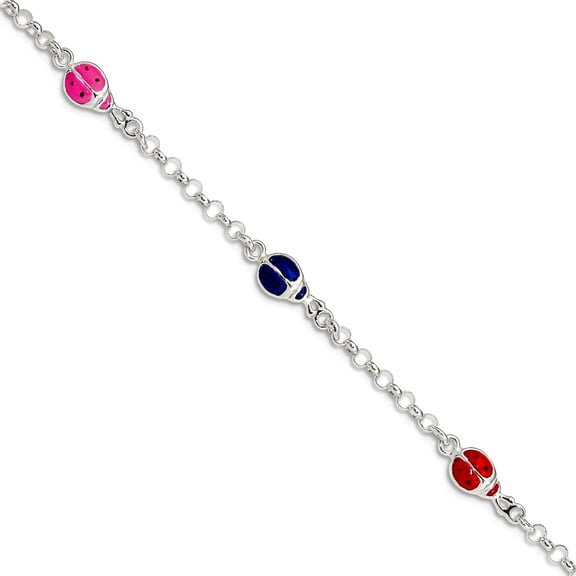 925 Sterling Silver Spring-Ring Enameled Ladybug Bracelet 6 Inch Lobster Claw 6mm Wide Link Bracelet