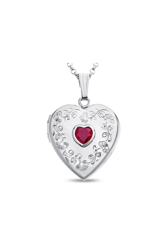 FJC Finejewelers Sterling Silver Heart Locket Pendant Necklace with Created Ruby July Birthstone