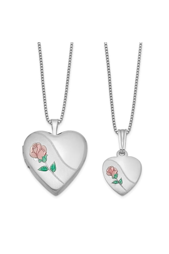 925 Sterling Silver Satin Back Spring Ring Holds 2 photos Not engraveable Polished and Satin Rose Love Heart Locket And