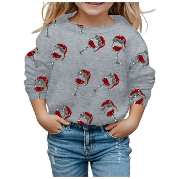 FJHNGBDH Christmas Children's Kids Girl's Boy's Pullover Sweatshirt Cartoon Cup Sequins Printed Crew Neck Long Sleeved Sweatshirts Fashion Casual Spring Autumn Loose Top 6-7 Years