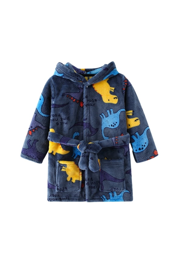 FJHNGBDH Toddler Kids Baby Boys Girls Bathrobes Long Sleeve Cartoon Dinosaur Cherry Print Hooded Night Robe Warm Flannel Soft Sleepwear Pajamas 3-4 Years