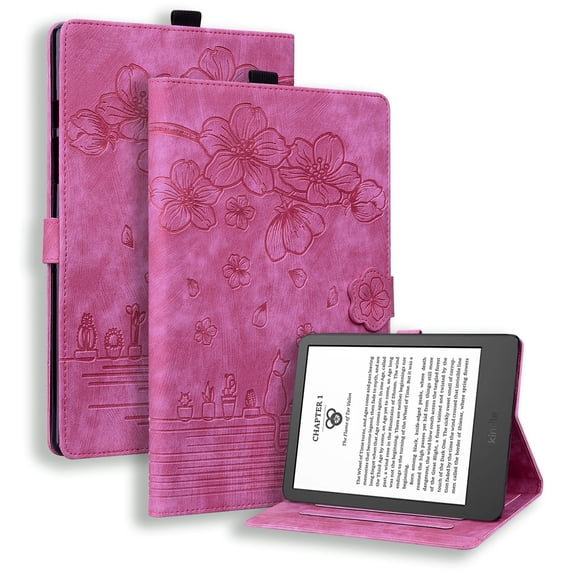 FJLBDE Case for 7 inch Kindle Paperwhite 12th Generation 2024 with Stand, Card Slot, Auto Wake/Sleep, Embossed Flower PU Leather Folio Magnetic Cover with Pen Holder, Rose