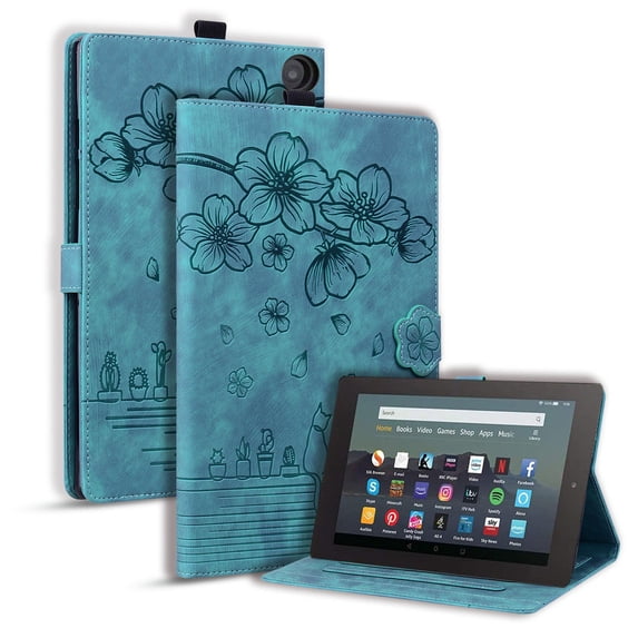 FJLBDE Case for Kindle Fire HD 8 and 8 Plus (12th/10th Gen, 2024/2022/2020) with Stand, Card Slot, Embossed Cat PU Leather Cover, Green